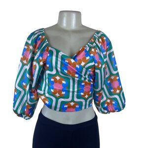 GoodtimesUSA Womens Multicolor Polyester Wrap Blouse With Retro Print Size L